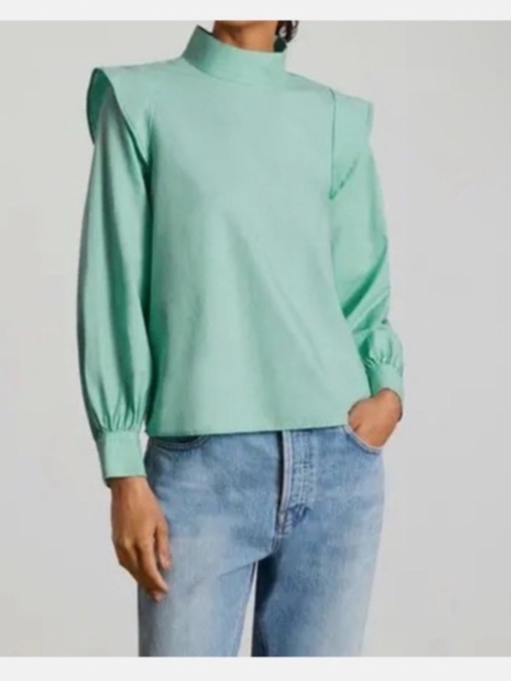 Everlane Wing-Shoulder Mockneck Long Sleeve Blouse Mint Green Size 00 NWT